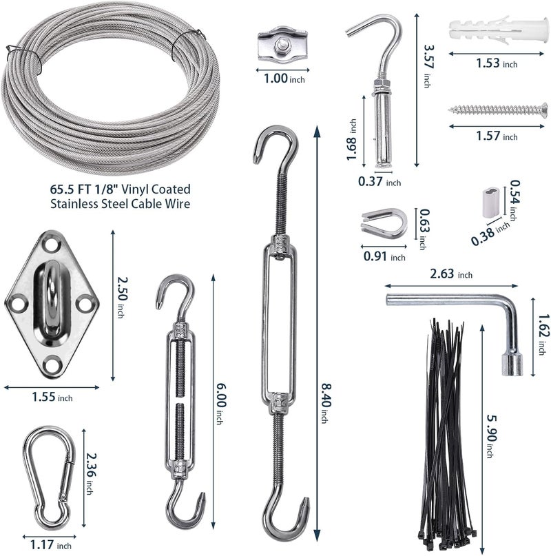 Unicaravan Shade Sail Hardware Kit 6 inch with 65.5FT 1/8" Wire Rope Kit for Triangle Rectangle Sun Shade Sail Outdoor Installation turnbuckles for Cables Wire for Outdoor,Garden,Kitchen,Craft,123PCS - Image 3
